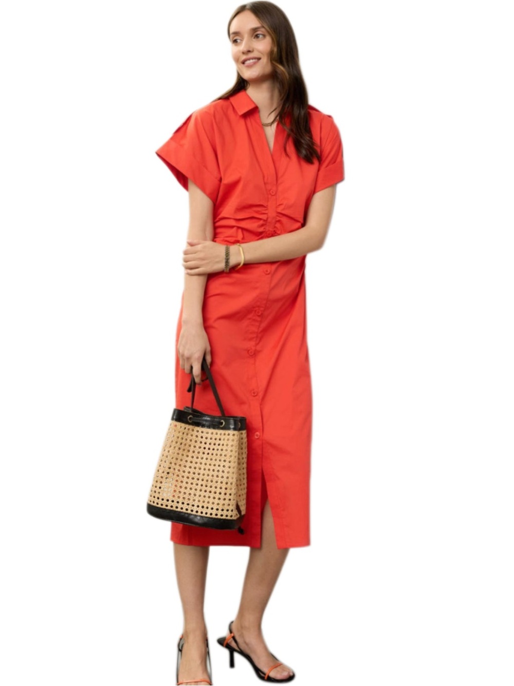 Saunders Collective Red Ruched Midi Slimming Cotton Poplin Shirt Dress Size O